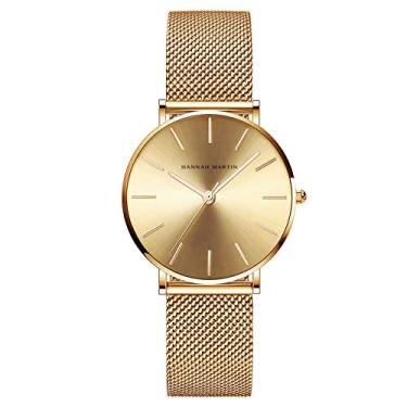 Imagem de Relógio feminino casual Hannah Martin de quartzo com pulseira de malha de aço inoxidável ouro rosa com punho para mulheres, Dourado
