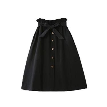 Imagem de Saia feminina de cintura alta WSLCN, elegante, casual, vintage, plissada, com botões, saia midi com bolsos para cinto, Preto, Waist 23.6"-38.6"