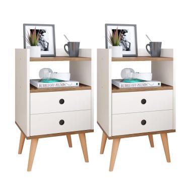 Imagem de Kit 2 Mesas de Cabeceira Mesinhas Quarto Com Nicho e Gavetas Retrô Dream Plus - Off White/Freijó - Lojas RPM