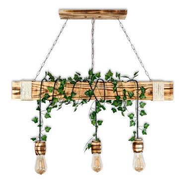 Imagem de Luminária Pendente De Madeira Rústica 3 Bocais Barril + Hera