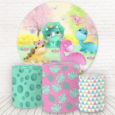 Imagem de Painel Redondo E Capas Tecido 3D Dino Baby Rosa Fkpc-603
