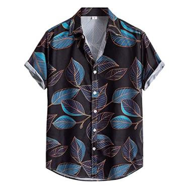 Imagem de Camiseta masculina casual manga X solta lapela estampada cor botão curto areia praia verão top masculino macacão, Preto, M