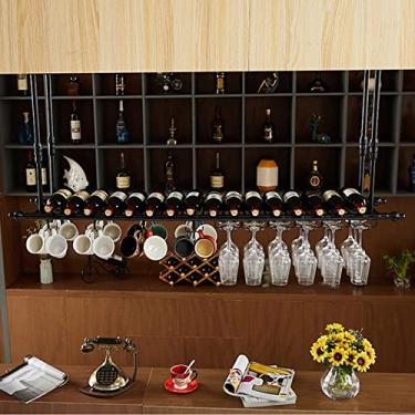 Imagem de Rack de vinho de teto, suporte de copo suspenso preto e taças de vidro, prateleira de armazenamento de bebidas para garrafa de vinho tinto, organizador de exibição decorativa de bar restaurante