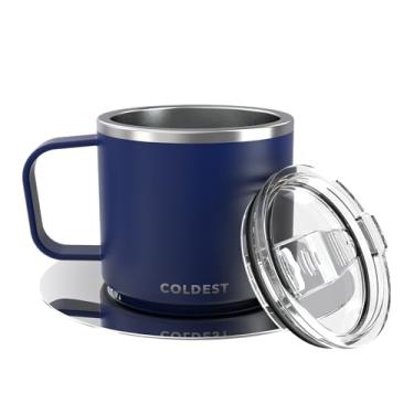 Imagem de Copo de café expresso isolado empilhável com pires da Coldest - Caneca de café expresso de aço inoxidável para viagem de parede tripla isolada com tampa deslizante (118 ml, azul escuro)