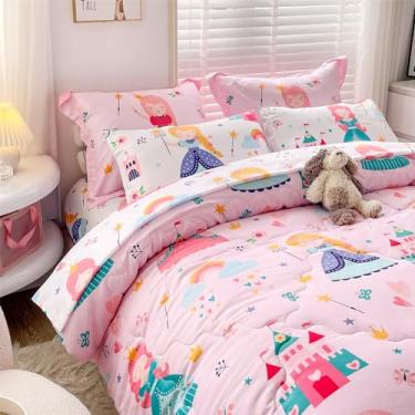 Imagem de Wajade Jogo de cama infantil de princesa rosa, castelo de contos de fadas, 7 peças, para meninas (1 edredom, 1 lençol de cima, 1 lençol com elástico, 2 fronhas e 2 fronhas)