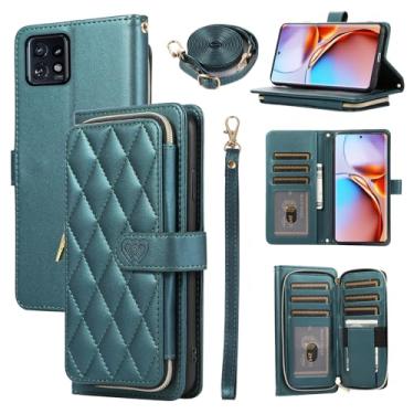 Imagem de Furiet Argyle Capa carteira para Motorola Edge+ Plus 2023/Edge 40 Pro 5G/Moto X40 com alça de pulso, 9+ compartimentos para cartões, bolsa com zíper, capa de celular de couro PU de luxo para X + verde