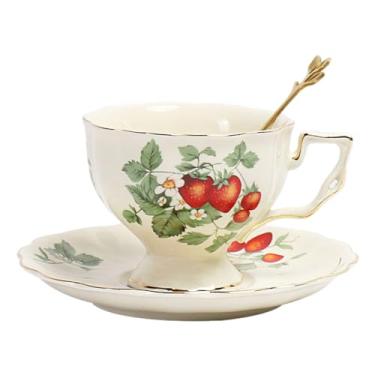 Imagem de Conjunto de xícara de chá e pires de porcelana, caneca de café de cerâmica de 250 ml com pires e colher, xícara de café vintage com acabamento dourado para mãe e dia das mães, padrão de morango