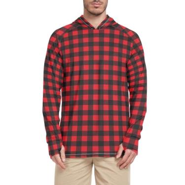 Imagem de Moletom masculino com capuz Buffalo xadrez manga longa FPS 50 camiseta masculina com capuz UV Rash Guard roupas com capuz, Vermelho e preto, M