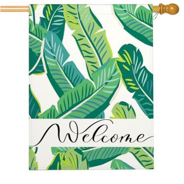 Imagem de Mugod Aquarela bandeira de casa de folha de bananeira 71 x 101 cm dupla face externa, folhas verdes tropicais folhagem de palmeira festa feriado serapilheira jardim decoração ao ar livre