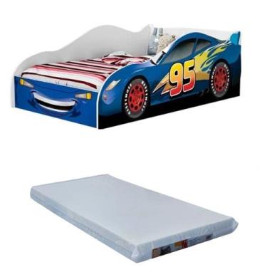 Imagem de Cama Carro Infantil + Colchão McQueen Azul 100% MDF J&A Móveis