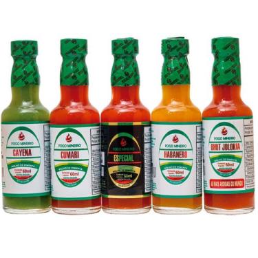 Imagem de Kit 5 Pimenta Molho 60ml Cayena Cumari Habanero Bhut Jolokia - Fogo Mi
