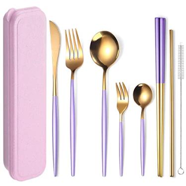 Imagem de AARainbow Conjunto de 1 Talheres de Aço Inoxidável Portátil e Reutilizável, 8 Peças, Incluindo Hashis, Faca, Garfo, Colher Canudos, Escova de Limpeza, Lavável na Lava-Louças (Ouro Roxo)