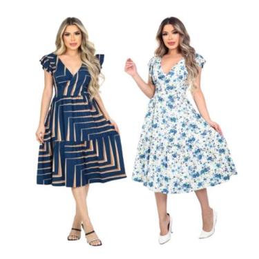 Imagem de Kit 2 Vestido Feminino Midi Decote V Amarração Cintura Saia Godê Malha