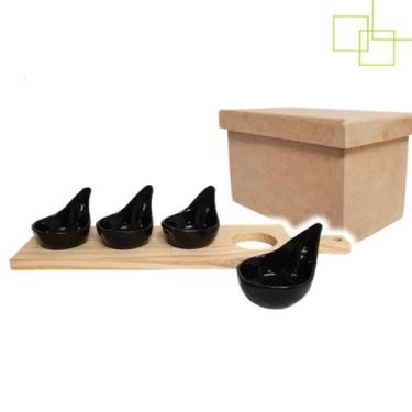 Imagem de Kit 4 Molheira Porcelana Preta Colher Petisqueira Madeira Caixa MDF - 