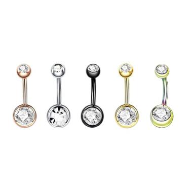 Imagem de 5 peças com zircão 1,6 mm (14G) piercing de umbigo piercing corporal halteres piercing joias titânio aço cirúrgico aço inoxidável, prateado/preto/cor/ouro/ouro rosa 10 mm, 1.6mm(14G),L-10mm, Aço