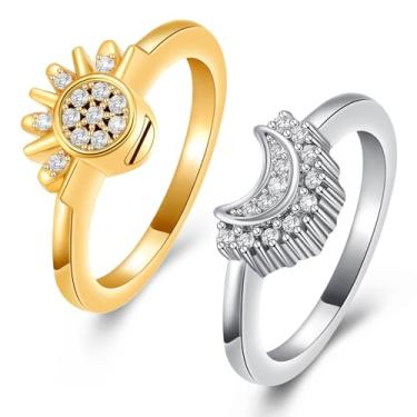 Imagem de Joias de cremação para anéis de cinzas – Conjunto de anéis celestiais de sol e lua, anel de sol cintilante/anel de lua azul/banhado a prata, anel de promessa de amizade, anéis celestiais empilháveis,