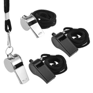 Imagem de HONSNKS Apito de 4 peças, apitos esportivos de aço inoxidável e apito de plástico alto e nítido, apito profissional com cordão para treinadores, árbitros, professores salva-vidas