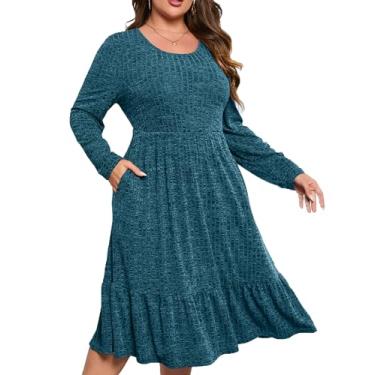 Imagem de ShopWonder Vestido feminino de malha canelada plus size elástico confortável casual outono vestido com bolsos azul verde XGG, Azul, verde, XGG