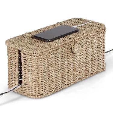 Imagem de BLUEWEST Caixa grande de gerenciamento de cabos, organizador de cabos de vime natural para filtro de linha – 2 compartimentos abertos para cabos de TV, computador, roteador, hub USB e régua de