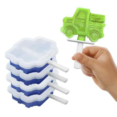 Imagem de Tovolo Moldes de picolé de silicone com palitos (pacote com 4, caminhão) - Moldes reutilizáveis para picolés caseiros e lanches congelados - Máquina de picolé empilhável com tampa, lavável na