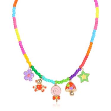Imagem de Colar colorido com contas para meninas adolescentes com lindo berloque boêmio contas gargantilha colar pirulito flor urso cogumelo pingente ajustável feito à mão boho praia Y2K joia presente para