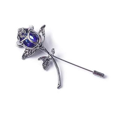 Imagem de YOOE broche de flor de rosa com broche de broca tcheca para homens e mulheres. Broche de lapela floral de cristal rosa, alfinetes de boutonniere para terno, acessório de casamento Azul