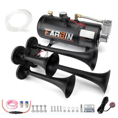 Imagem de FARBIN Kit de buzina de trem com 4 buzinas de trompete 178DB para caminhão buzinas de ar super altas com compressor de ar de 150 PSI 12V lata de tanque de ar para Jeep SUV, trem metal preto (kit de