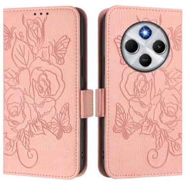 Imagem de Capa carteira rosa e borboleta em relevo para Xiaomi Poco C75, [bloqueio RFID] [suporta carregamento sem fio] 3 compartimentos para cartão e 1 compartimento para dinheiro, capa flip com fivela
