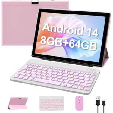 Imagem de tablet Android 14 de 10 polegadas, tablets 2 em 1 com teclado/rato/capa / lápis ótico, 8 GB de RAM + 64 GB ROM/1 TB expandir tablet, processador de quatro núcleos de 1,8 GHz, ecrã táctil HD de