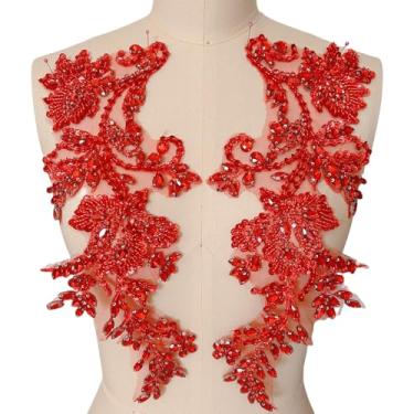 Imagem de Apliques de strass feitos à mão costurados em remendo de renda de cristal, 1 par para roupas DIY, vestido de casamento, decoração de fantasia multicolorida (vermelho)