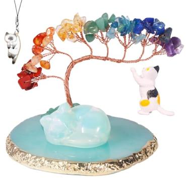 Imagem de Dreamgirnh Árvore de cristal de chacra de gato opala e pedras de cura linda estátua de gato adormecido estatueta de gatinho da sorte escritório quarto casa mesa decoração de jardim de fadas presentes