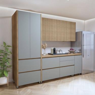 Imagem de Cozinha Completa Nuestra Cosas 7 Portas 6 Gavetas Ripado 100% Mdf Natural/Verde - Panorama Móveis