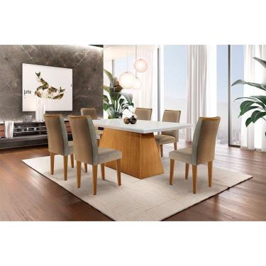 Imagem de Conjunto de Mesa de Jantar com Tampo Off White Luna e 6 Cadeiras Lunara Linho Bege e Imbuia