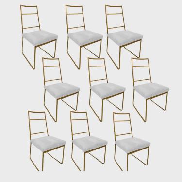 Imagem de Kit 09 Cadeiras Sala de Jantar Escritório Office Stark Industrial Ferro Dourado Suede Branco - Ahz Móveis