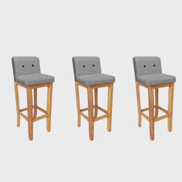 Imagem de Kit 03 Banqueta Alta Com Encosto Aila Balcão Bistrô Base Madeira Maciça Suede Cinza Botão Preto - Ahz Móveis