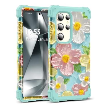 Imagem de SleekCover Capa para Galaxy S24 Ultra, 3 em 1, pintura a óleo, padrão floral, resistente, proteção à prova de choque, amortecedor de borracha de silicone + capa protetora de plástico rígido para