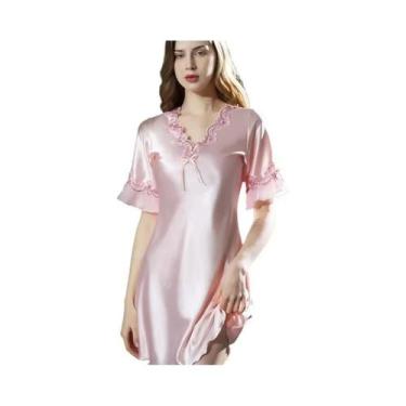 Imagem de Camisola Feminina de Cetim Gelada - Decote V - Vestido Longo para Dorm