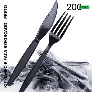 Imagem de Garfo e faca com 200 kits preto super reforçado em sache plastico - MA