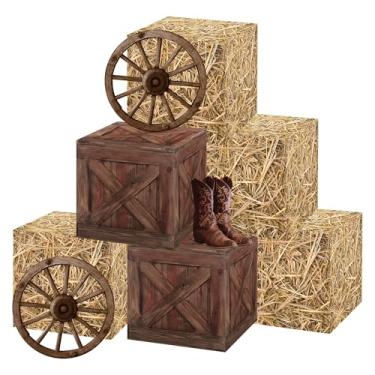 Imagem de UGUHHKUY Decoração de caixas de fardos de feno ocidentais - 9 peças de decorações de festa de caubói suprimentos caixas de fardos de feno caixas de madeira cartões de roda cartão de bota de cowboy