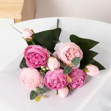 Imagem de Flores artificiais de 30 cm buquê de peônia de seda para decoração de artesanato, casa, jardim, sala de estar, acessórios de casamento (2 peças/rosa vermelha)