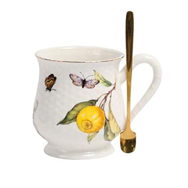 Imagem de Sizikato Caneca de porcelana com alça e colher, xícara de chá de 425 g, xícara de café, xícara de leite, padrão de limão e borboleta