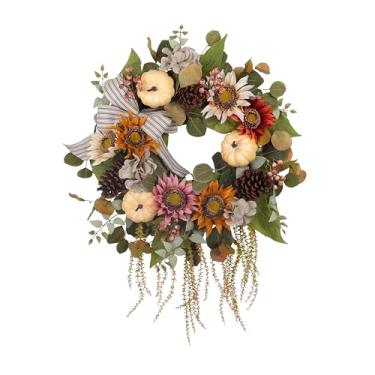 Imagem de FLOROAD Guirlanda de girassol de outono de 61 cm com abóboras, pinhas, frutas vermelhas e laço listrado, decoração de casa de fazenda para a porta da frente – Decoração de guirlanda artificial feita à