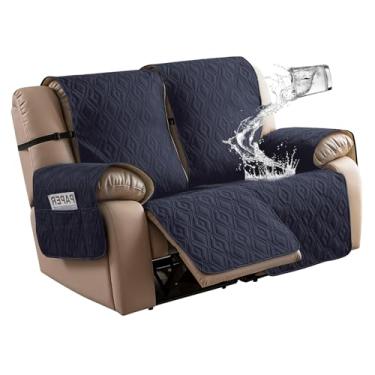 Imagem de Genina Capa de sofá poltrona reclinável antiderrapante, capa de sofá para sofá reclinável 2 assentos, capas de poltrona dupla capa protetora de móveis reclináveis com tiras elásticas para animais de estimação (azul-marinho, poltrona reclinável)