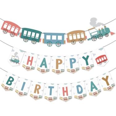 Imagem de AmazingSpark Pacote com 2 bandeirinhas de trem de 1,8 m para festas de aniversário, retrô, guirlandas de feliz aniversário, para ferrovia, vapor, artigos de festa vintage
