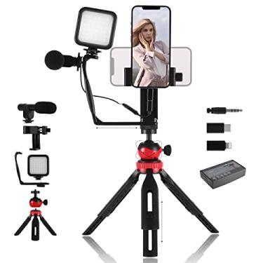 Imagem de Kit de vlogging para iPhone Android: YJY YouTube Starter Kits Vlog Equipamento de gravação de vídeo - Acessórios: tripé de telefone, suporte para telefone, luz LED e microfone - JX24