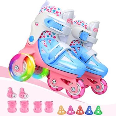 Imagem de Patins infantis de quatro patins, para meninas, meninos, com tamanho ajustável, freios duplos e rodas luminosas e equipamentos de proteção, 3 pontos de equilíbrio para iniciantes, para ambientes internos e externos (rosa fofo, PP)