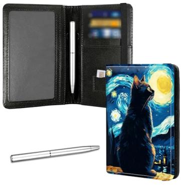 Imagem de DIGTIALL Porta-cartão de passaporte e vacina para família organizador de couro PU com vários bolsos (10 x 14 cm) - bloqueio RFID e faixa elástica para armazenamento seguro em viagens, Gato na noite