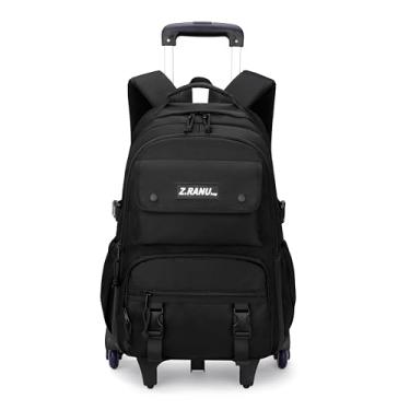 Imagem de ZHANAO Mochila com rodinhas de cor sólida para meninos, mochila escolar para estudantes do ensino médio, mochilas de livros para meninos do ensino fundamental, Preto - 6 rodas, 6 Wheels
