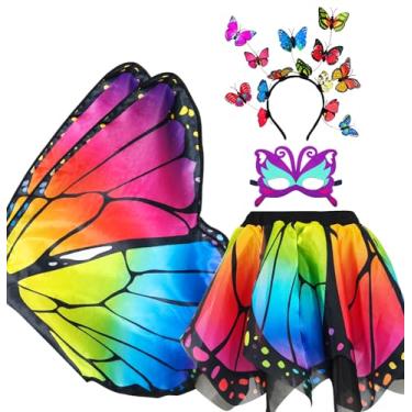 Imagem de Fantasia dupla face de asas de borboleta de fada para meninas com saia tutu, 4 peças de roupas para presentes para festa de Halloween de 3 a 8 anos, Arco-íris brilhante, 60cm*120cm