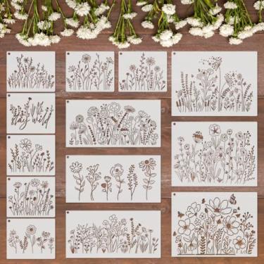 Imagem de Conjunto de 13 estênceis de flores, estênceis de pintura de flores silvestres de girassol, rosa, margarida, reutilizáveis, modelos de desenho de plástico floral com anel para arte faça você mesmo